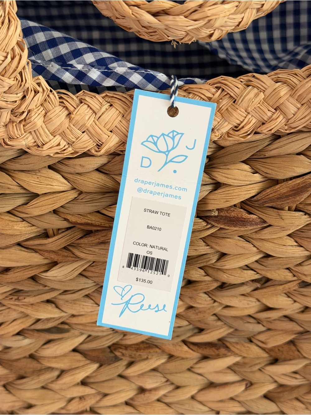 Draper James Reese Straw Tote Natural Woven Beach Bag Blue Gingham Lining NWT - Picture 10 of 10